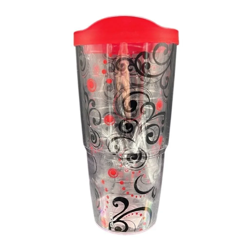 Tervis Tumbler 24oz Berry Swirlwind Clear Red Lid Hot or Cold Beverage Cup READ